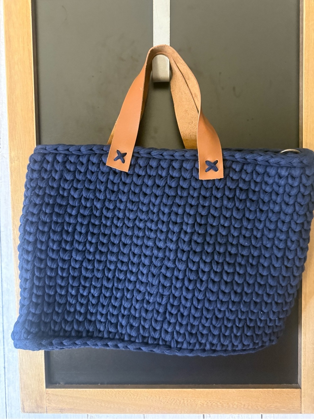 Navy Handmade Woven Tote Bag Brown Leather Double Handles